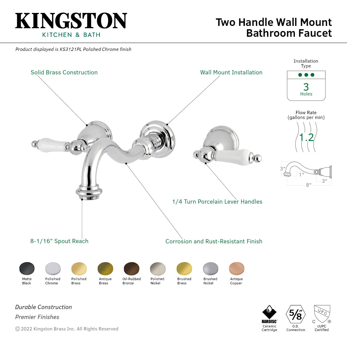 Kingston Heirloom KS3128PL - Vintage Double-Handle 3-Hole Wall Mount Bathroom Faucet, Brushed Nickel — thumbnail 3